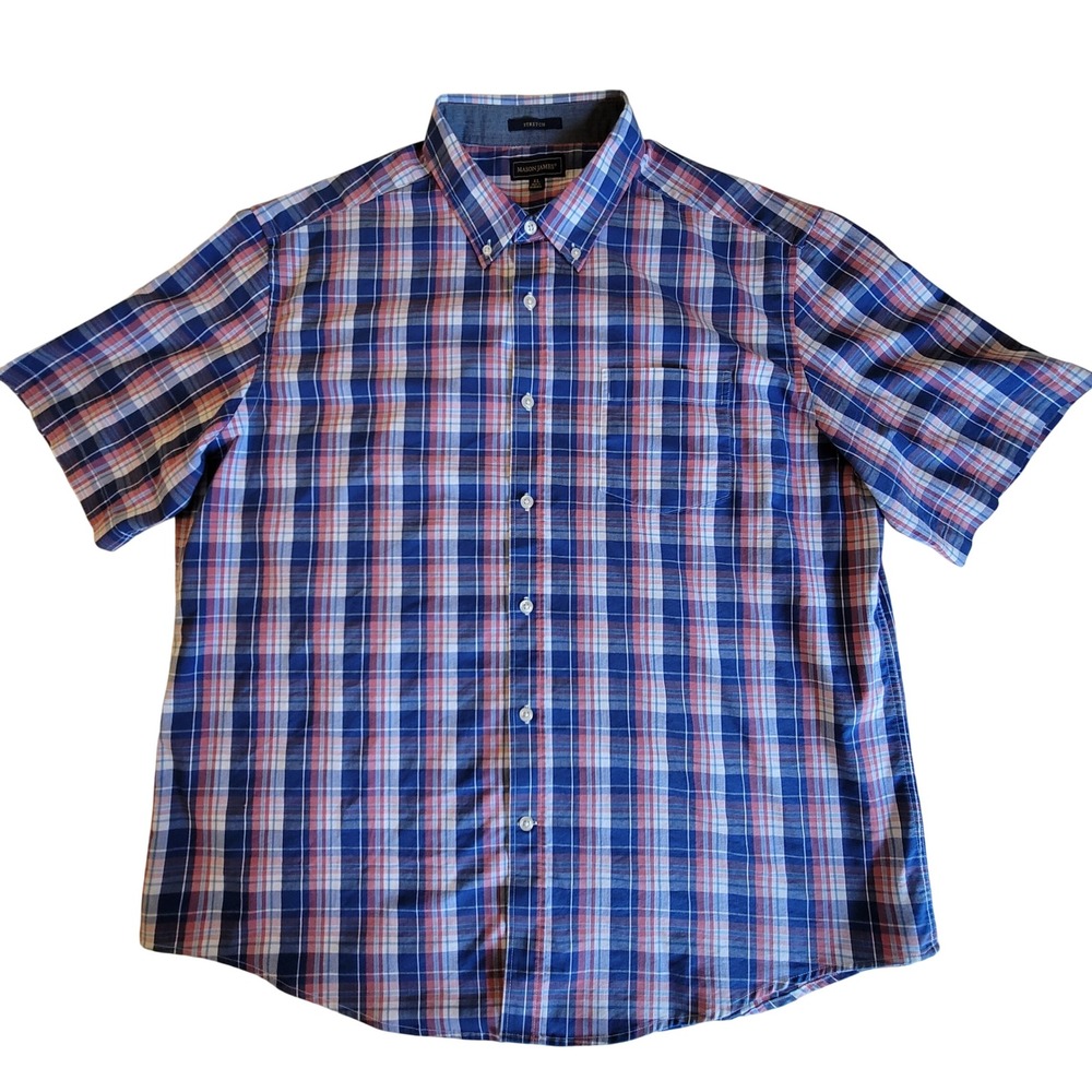 Mason James Button Down Shirt Mens XL Blue Pink Plaid Short Sleeve Stretch